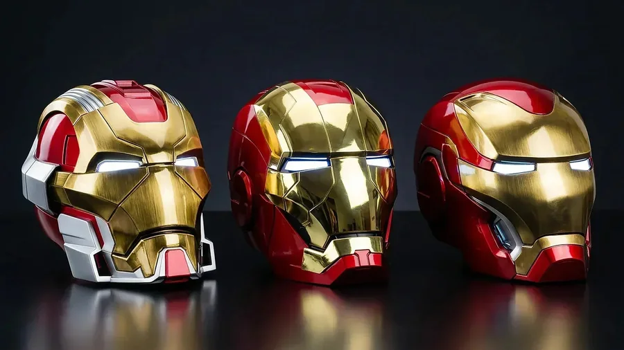 Iron Man MK5, MK50 and MK17 wearable helmets side by side