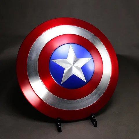 1:1 Captain America shield replica in solid metal, front view on a stand