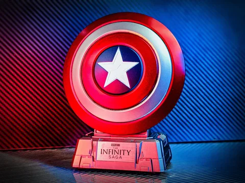 Captain America shield Bluetooth speaker on its Infinity Saga base