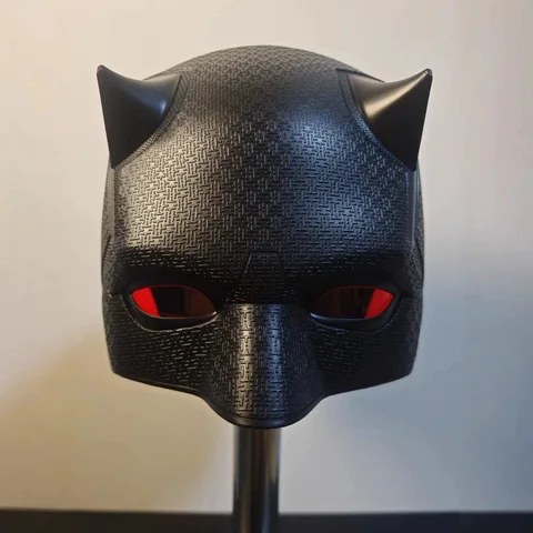 Black Daredevil Born Again mask with sculpted horns and tinted red lenses