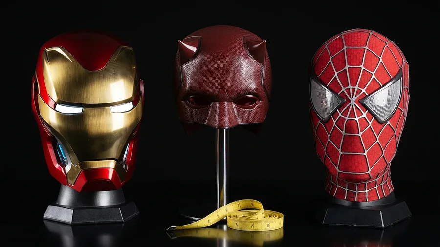 Iron Man MK50 helmet, Daredevil Born Again mask and Tobey Maguire Spider-Man mask with a measuring tape