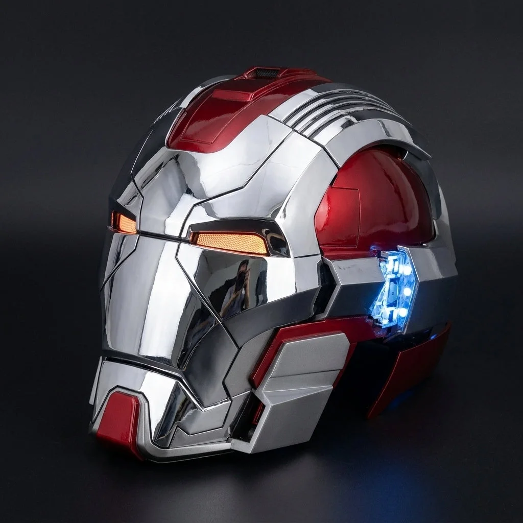 Silver and red MK17 helmet with illuminated eyes and blue side LEDs
