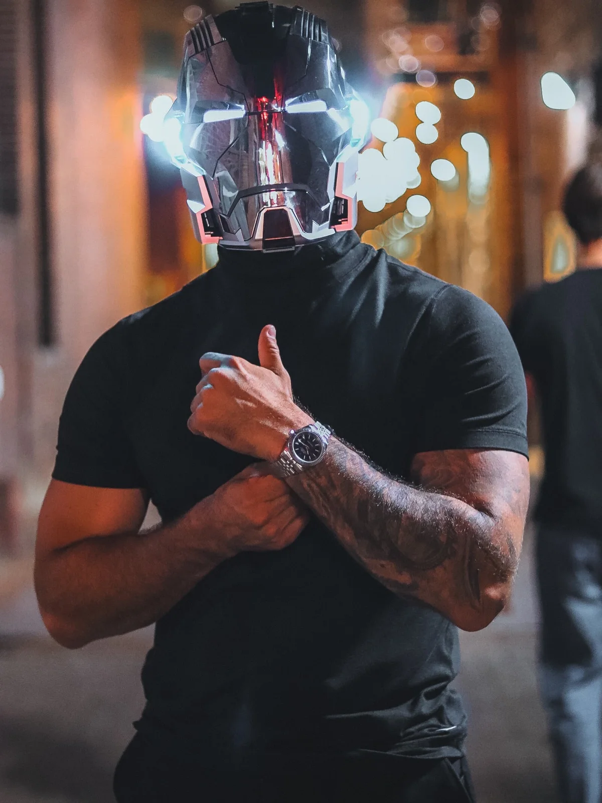 Collector wearing the MK17 Heartbreaker helmet, showing its full face and fit