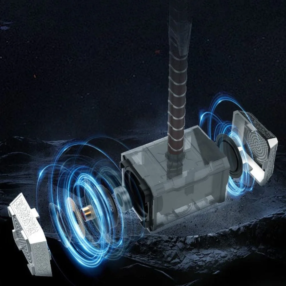 Cutaway of the Mjolnir speaker showing the dual drivers inside the hammer head