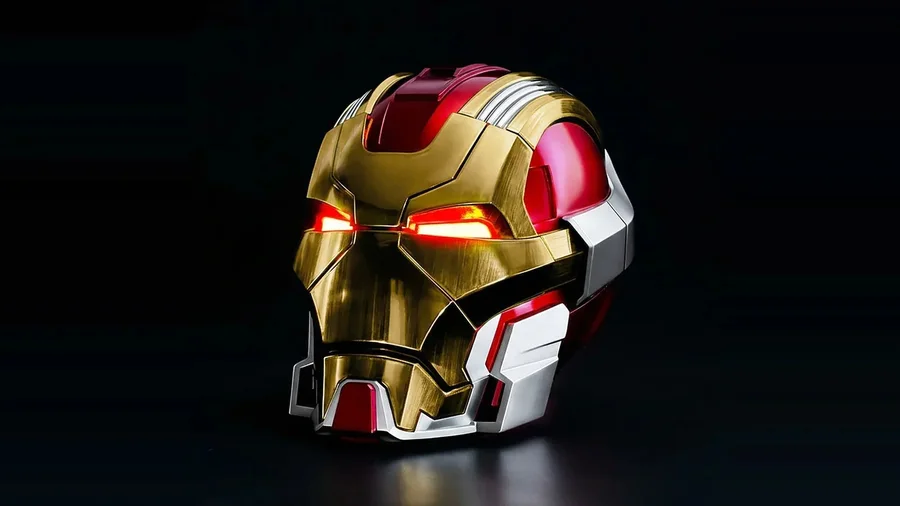 Iron Man MK17 Heartbreaker helmet in Classic Gold x Red with the eyes lit