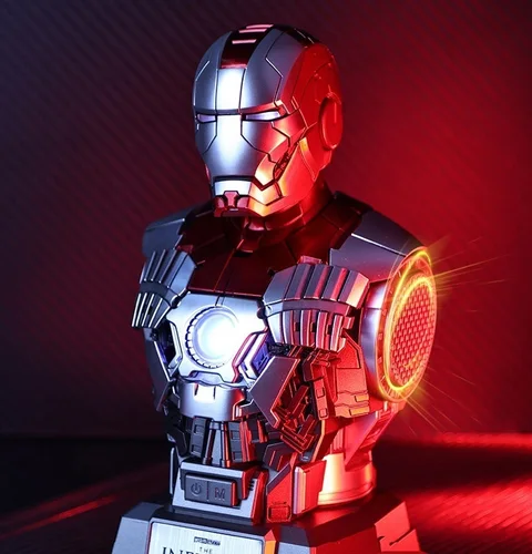 Iron Man MK5 bust with the arc reactor and palm repulsor lit, on its Infinity Saga base