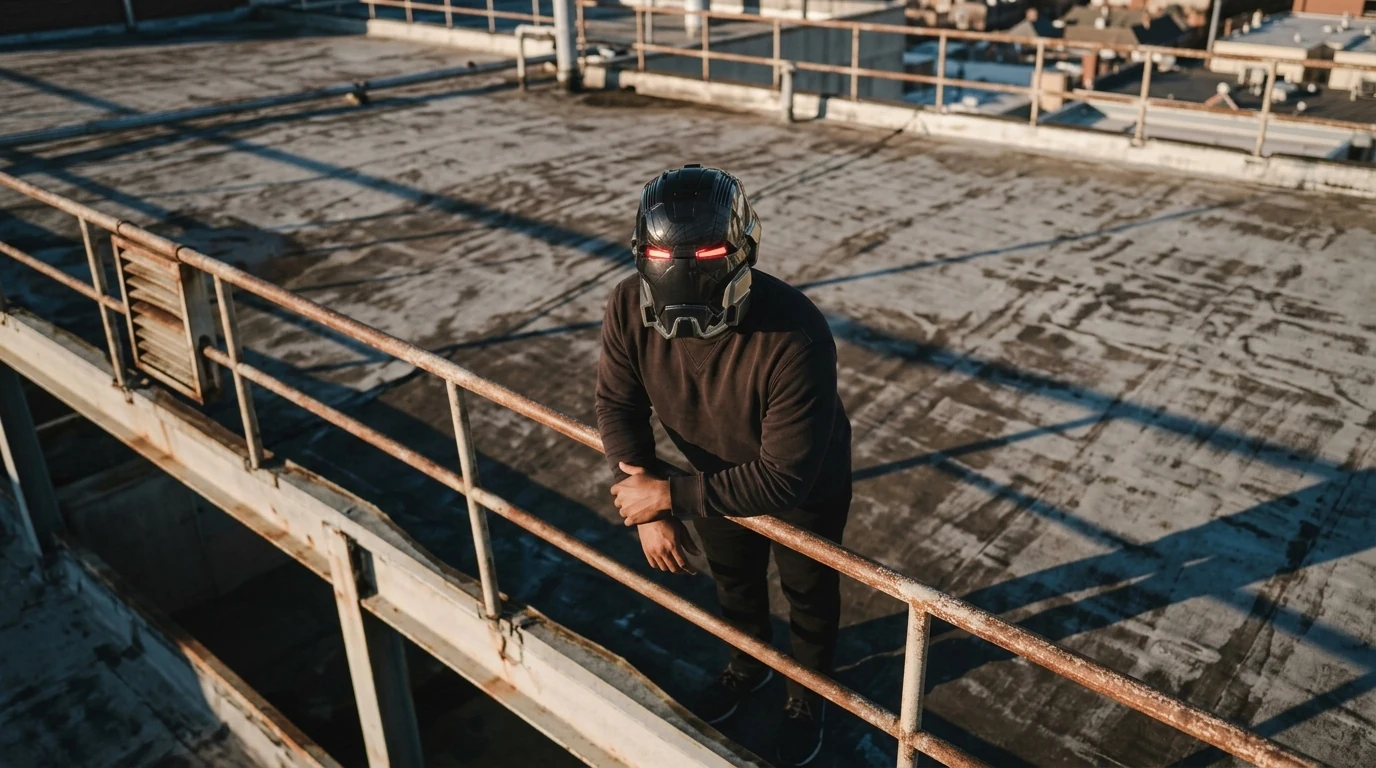 Collector wearing an Iron Man helmet on a rooftop